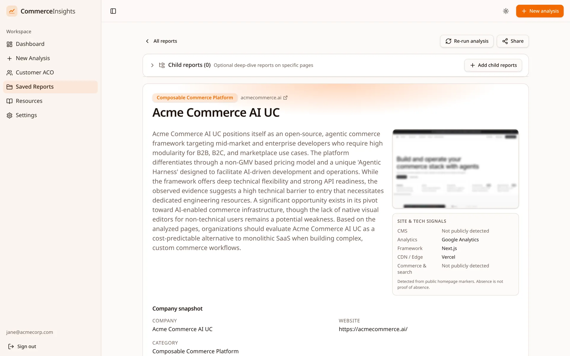 Anonymized CommerceInsights executive summary for AcmeCommerceAI with website preview and site & tech signals